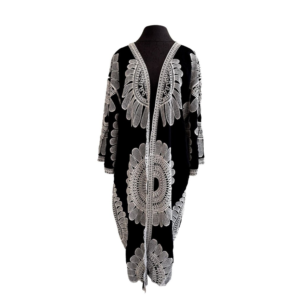 Black Embroidered Kimono Duster Open Front Size XL by Pinky